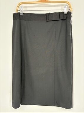 👾 Theory wool Black Pencil Skirt with grosgrain Waist Bow double back vent